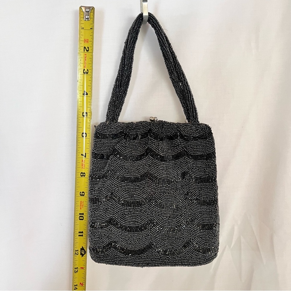 Vintage  1940’s Black Shimmer Seed Bugle Beaded Handbag Evening Purse w. Handles